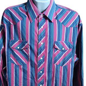 XXL Vintage Wrangler Mens Western Shirt Striped Cowboy 18x37 1990's Rancher